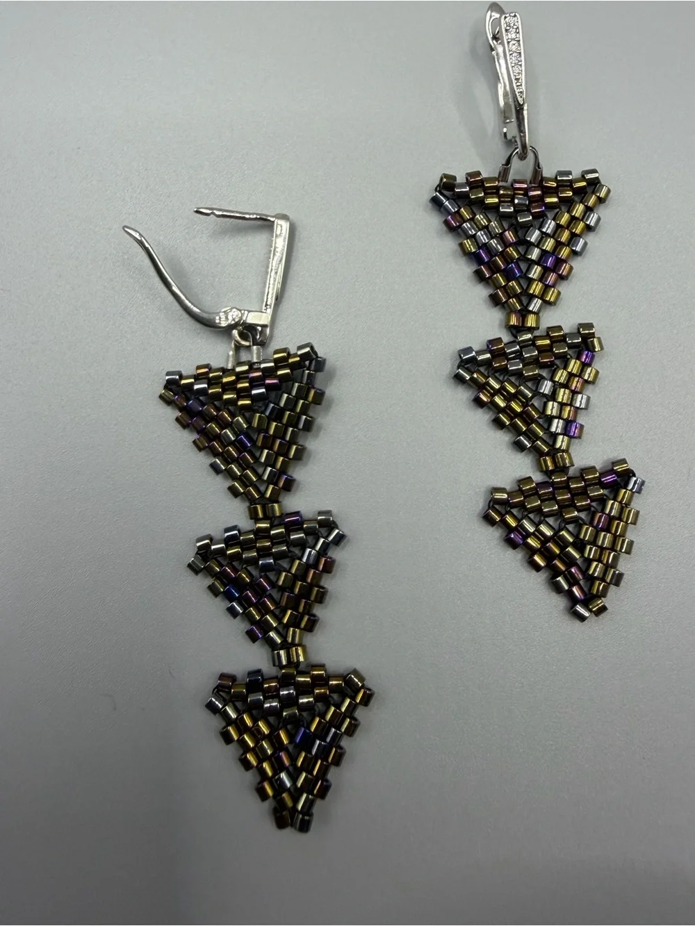 Handcrafted Iridescent Tri-Tier Bead Drop Earrings - Silver Hooks